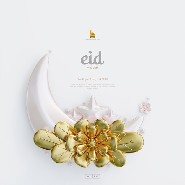 Fondo de tarjeta de felicitación de eid mubarak con adornos islámicos y media luna de flores decorativas en 3d