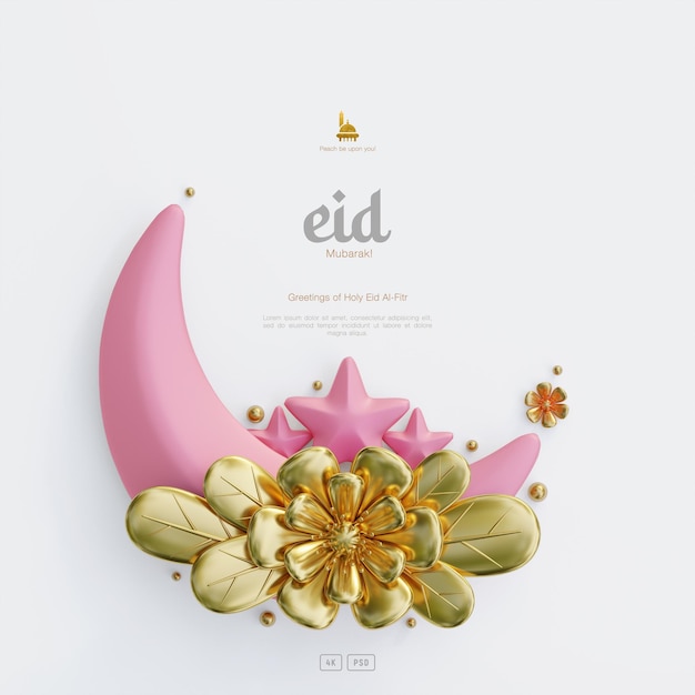 PSD gratuito fondo de tarjeta de felicitación de eid mubarak con adornos islámicos y media luna de flores decorativas en 3d