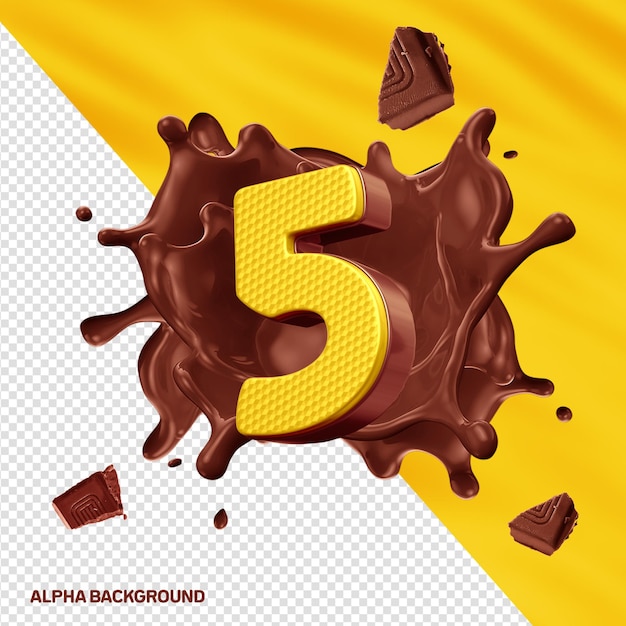 Gratis PSD fontore alfabet 3d nummer 5 geel met chocolade