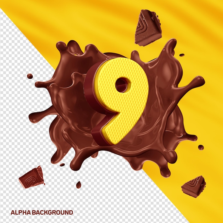 PSD gratuito fontore alfabeto 3d numero 9 giallo con cioccolato