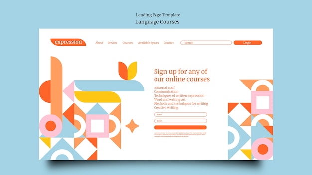 Foreign language classes landing page template with geometric shapes