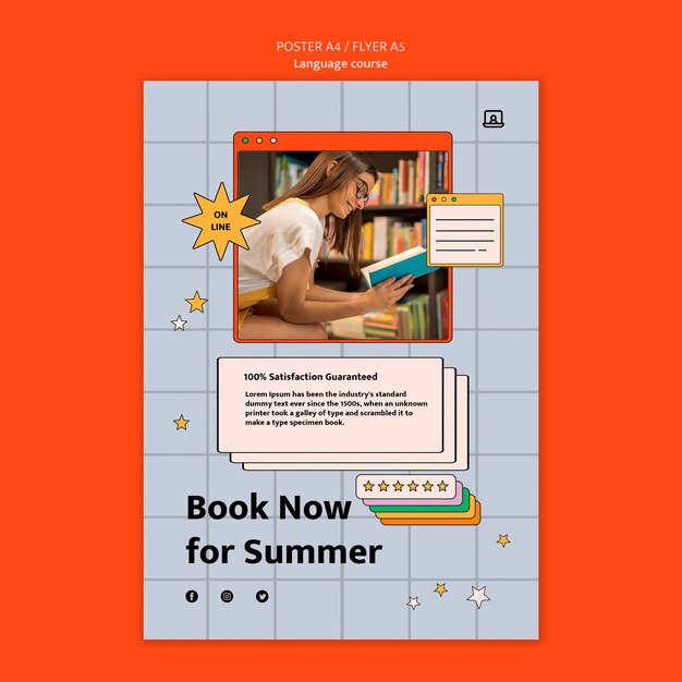 Foreign language classes vertical poster template in computer interface style