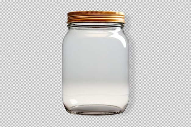 Foto minimalista de un frasco de vidrio con tapa de metal dorado aislado sobre un fondo transparente
