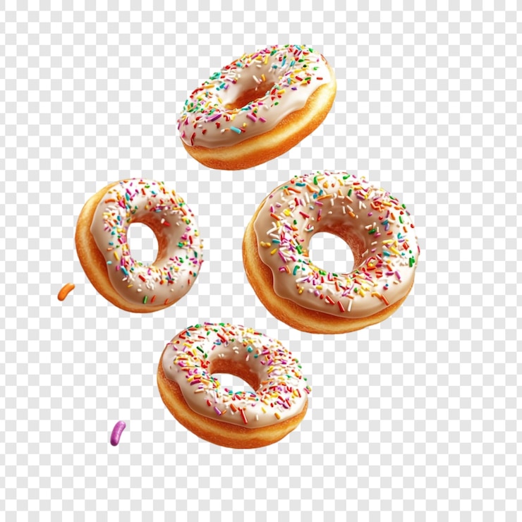 PSD Gratis four delicious sprinkled donuts in midair