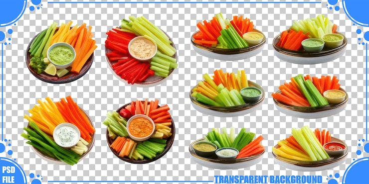 PSD Gratis fresh vegetables with dips on transparent background