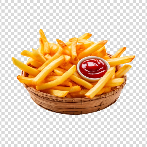 Gratis PSD fries met saus op een ronde mand op een doorzichtige achtergrond