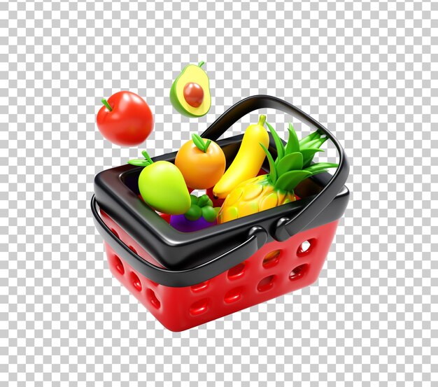 Frutas en el carrito de compras rojo Ilustración 3D de estilo dibujos animados