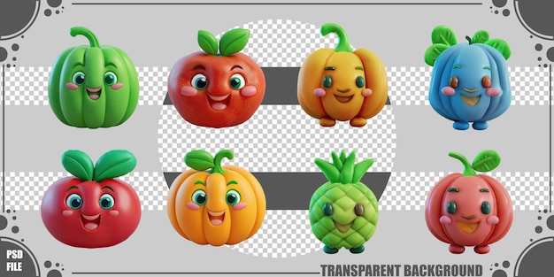 Frutas y verduras de dibujos animados con caras