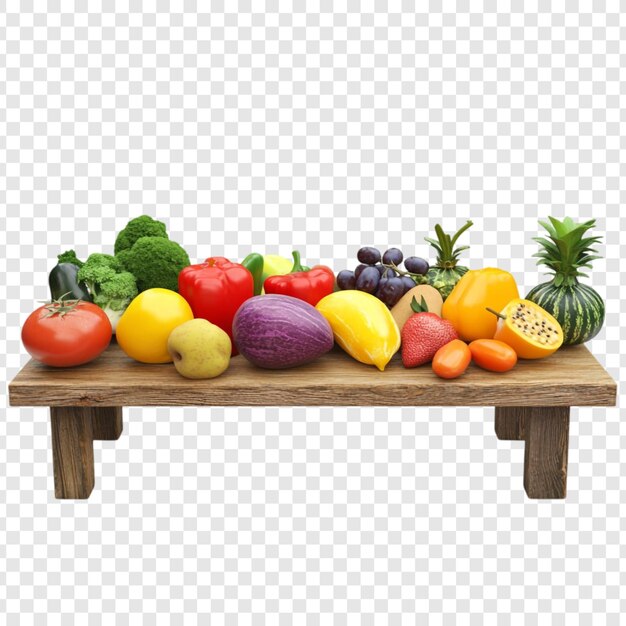 Frutas y verduras frescas y vibrantes dispuestas en una mesa de madera rústica.