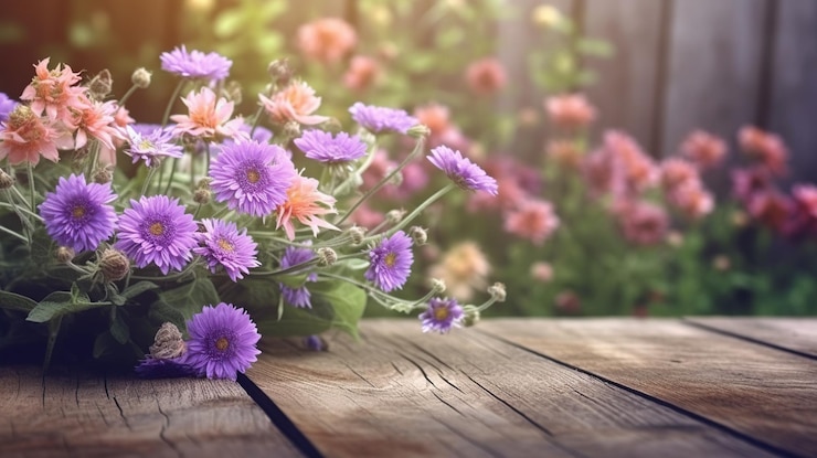 PSD Gratis garden flowers on wooden table background generative ai