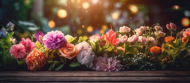 PSD Gratis garden flowers on wooden table background generative ai