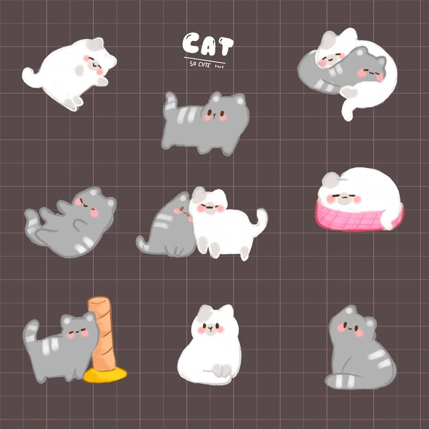 Gatos grises y blancos bonitos dibujados a mano en formato PSD