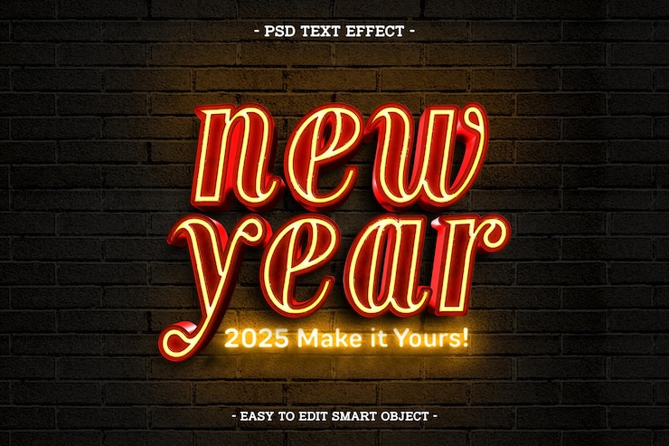 PSD Gratis gaya neon selamat tahun baru 2025 efek teks bisa diedit