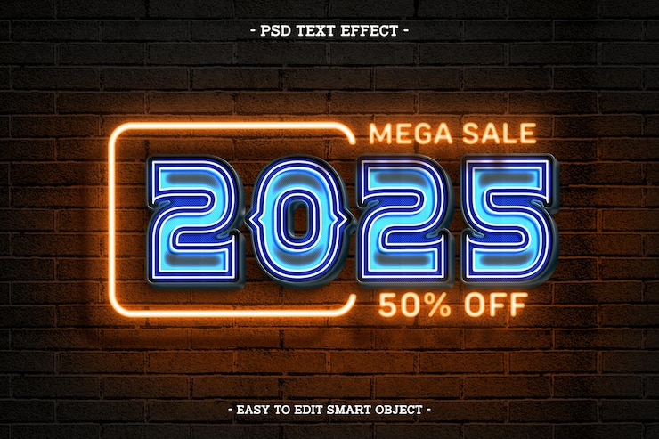 PSD Gratis gaya neon selamat tahun baru 2025 efek teks bisa diedit