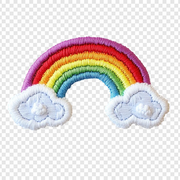 Gratis PSD geborduurde regenboogplaat met wolken een kleurrijke verrassing
