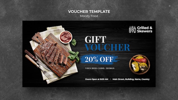 Gratis PSD gegrilde brochettes restaurant voucher sjabloon