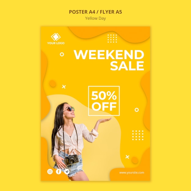 Gratis PSD gele dag weekend verkoop poster sjabloon