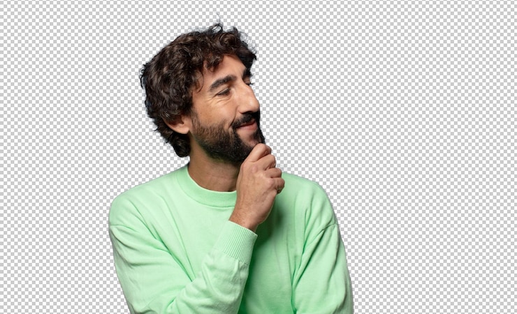 Gratis PSD gelukkig glimlachen en dagdromen of twijfelen en naar de zijkant kijken.