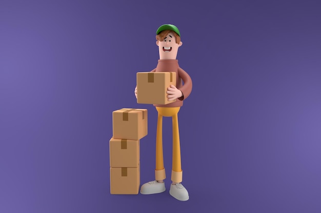 Gelukkig koerier man houdt kartonnen doos op geïsoleerde achtergrond Levering concept 3d illustratie Cartoon characters