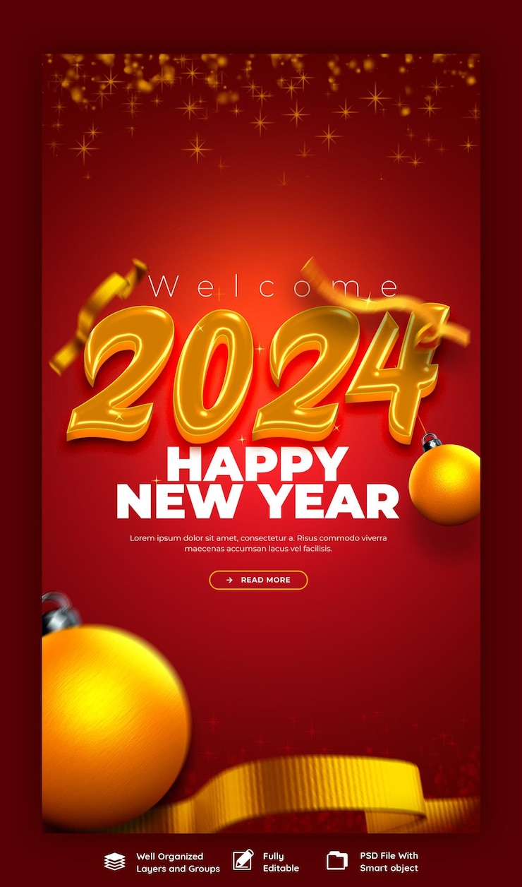 Gratis PSD gelukkig nieuwjaar 2024 viering instagram en facebook story post ontwerp of banner sjabloon