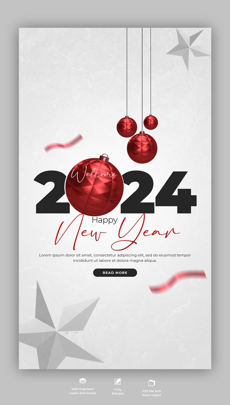 Gratis PSD gelukkig nieuwjaar 2024 viering instagram en facebook story post ontwerp of banner sjabloon