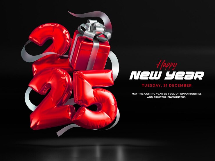 Gratis PSD gelukkig nieuwjaar 2025 foil balloon 3d render template