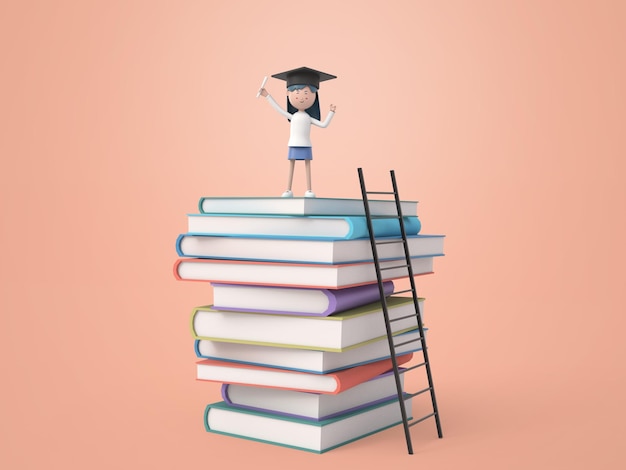 Gelukkig opgewonden meisje afgestudeerd in een afstudeerpet op haar hoofd staande op stapel boeken geïsoleerde achtergrond