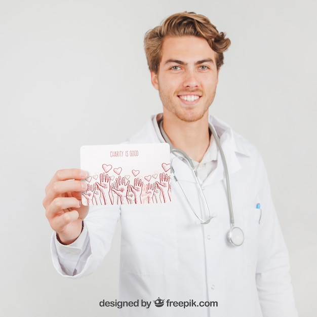 Gratis PSD gelukkige dokter houden van mock up