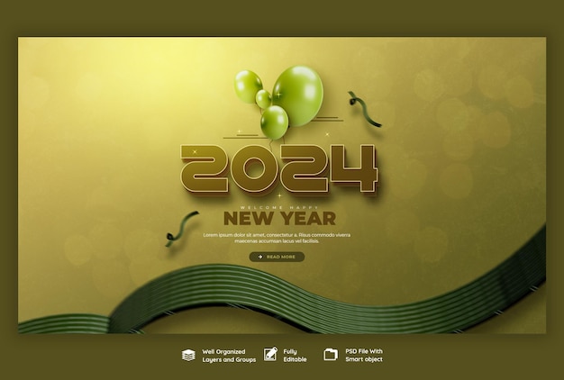 Gratis PSD gelukkige nieuwjaar 2024 feest web banner ontwerp sjabloon