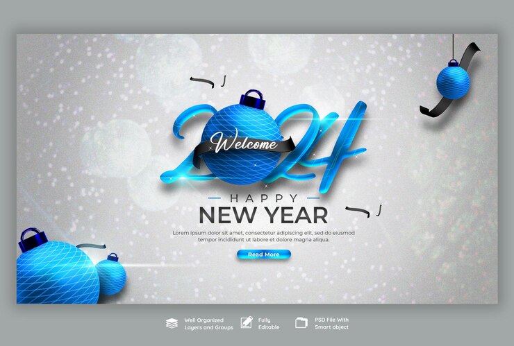 Gratis PSD gelukkige nieuwjaar 2024 feest web banner ontwerp sjabloon