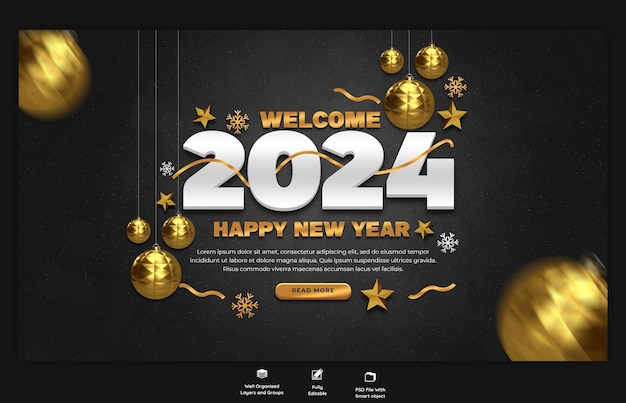 Gratis PSD gelukkige nieuwjaar 2024 feest web banner ontwerp sjabloon