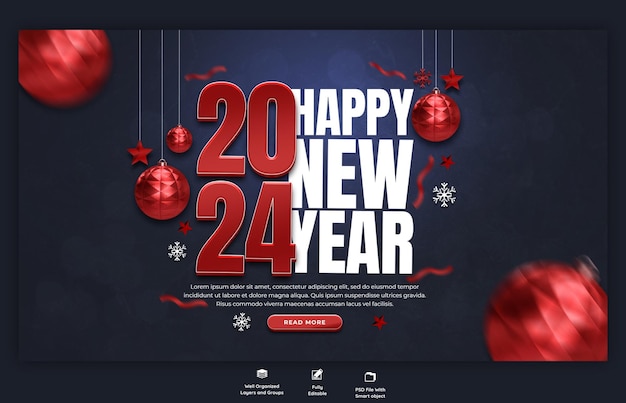 Gratis PSD gelukkige nieuwjaar 2024 feest web banner ontwerp sjabloon