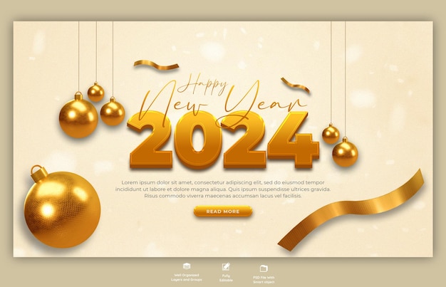 Gratis PSD gelukkige nieuwjaar 2024 feest web banner ontwerp sjabloon