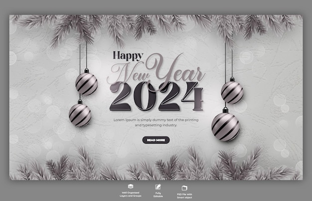 Gratis PSD gelukkige nieuwjaar 2024 feest web banner ontwerp sjabloon