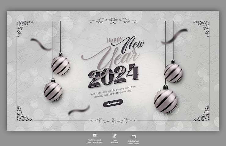 Gratis PSD gelukkige nieuwjaar 2024 feest web banner ontwerp sjabloon