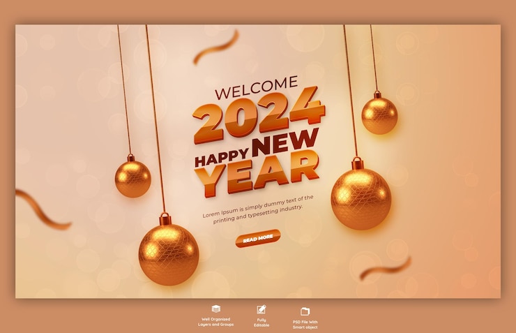 Gratis PSD gelukkige nieuwjaar 2024 feest web banner ontwerp sjabloon