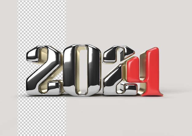 Gratis PSD gelukkige nieuwjaar 2024 metalen lettering typografische transparante psd