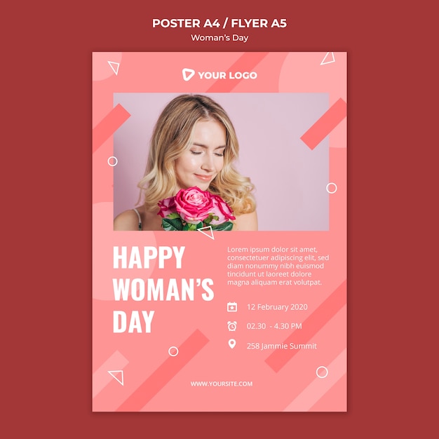 Gratis PSD gelukkige vrouw dag poster sjabloon met vrouw met boeket rozen