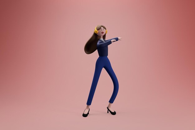 Gelukkige vrouw met koptelefoon luisteren naar muziek en dansen op geïsoleerde achtergrond 3d illustratie Cartoon characters