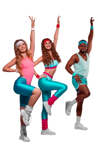 Gente haciendo ejercicio con trajes de gimnasia de los años 80.