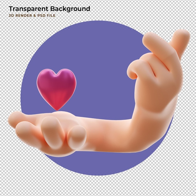 Gesto de mano de representación 3d de dibujos animados estilizados representa el símbolo del corazón del dedo, un mensaje de amor