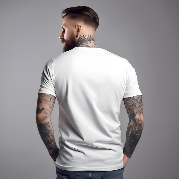 Gratis PSD getatoeëerde man in wit t-shirt op grijze achtergrond