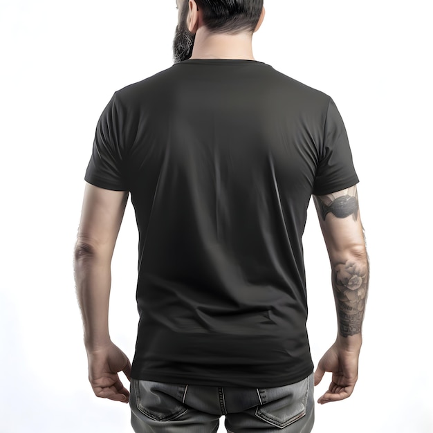 Getatoeëerde man in zwart T-shirt op witte achtergrond