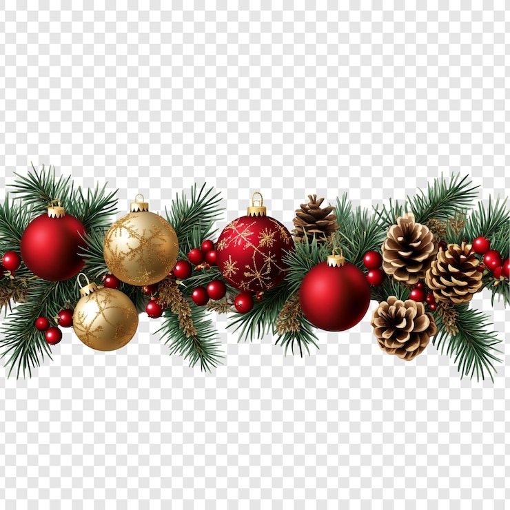 PSD gratuito ghirlande natalizie festive ornamenti rossi e dorati con coni di pino e bacche