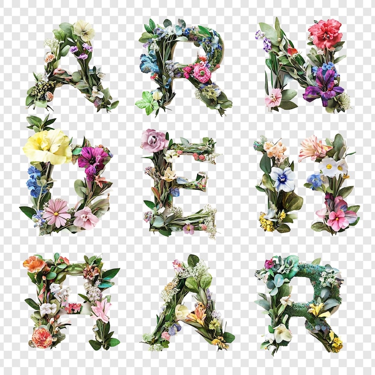 PSD gratuito giardino delle lettere dell'alfabeto floreale