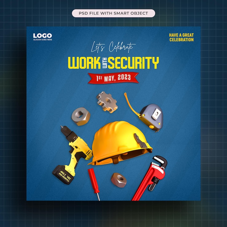 PSD gratuito giornata internazionale del lavoro con modello di post sui social media per la sicurezza del casco e gli strumenti