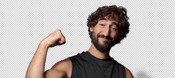 PSD gratuito giovane barbuto pazzo uomo di fitness concetto sportivo