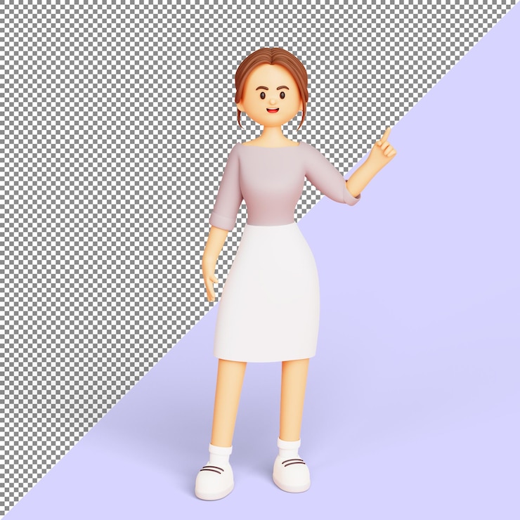 PSD gratuito giovane donna d'affari in piedi e puntando il dito verso un'area vuota per il segno o lo spazio di copia personaggio dei cartoni animati di illustrazione 3d