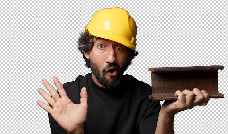 PSD gratuito giovane lavoratore barbuto pazzo uomo con casco