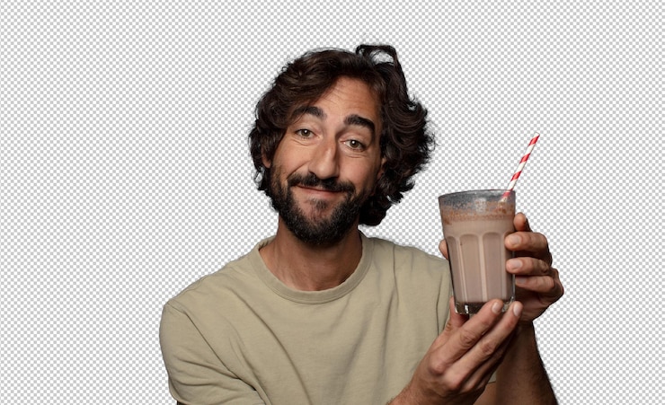 PSD gratuito giovane uomo barbuto adulto con un frullato al cioccolato